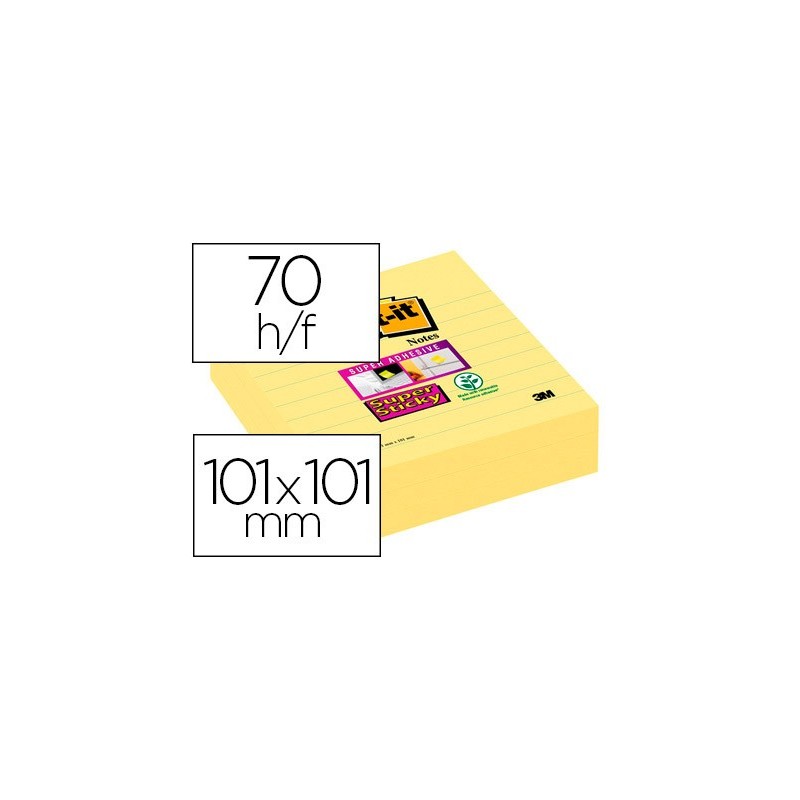 Bloc-notes post-it super sticky grand format 101x101mm 70f lignées adhésif  renforcé coloris jaune 3 blocs