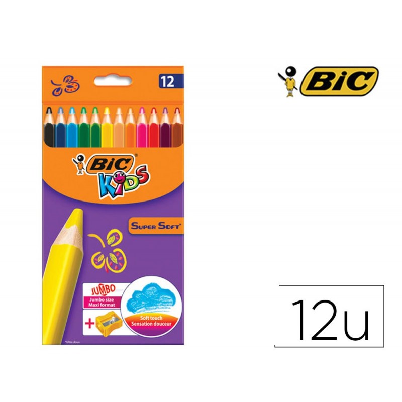 Crayon couleur bic kids super soft etui carton 12 unites + 1 taille-crayons